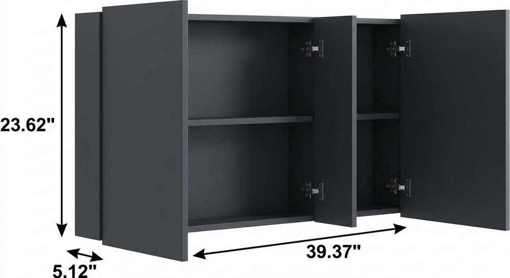 5" Black Glass Wall Mounted No Textural Detailing Double Door Medicine Cabinet