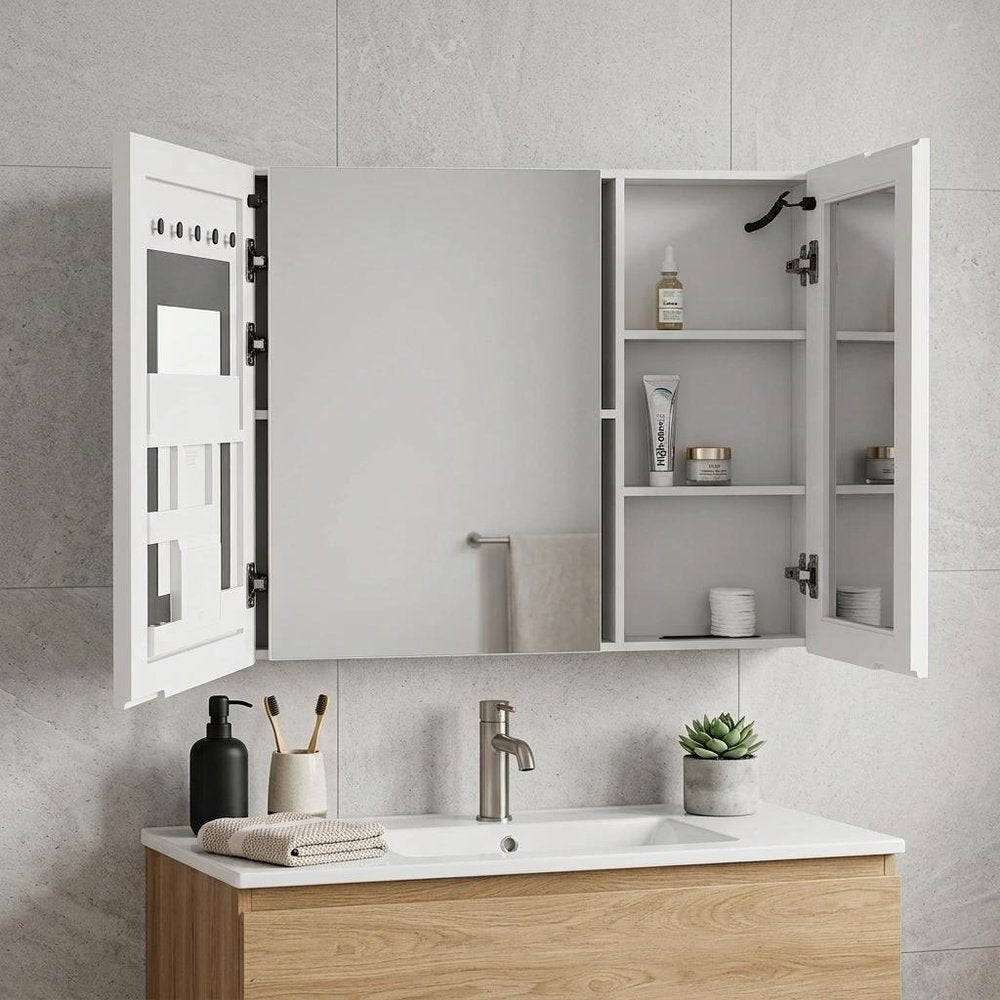 5" White Glass Wall Mounted No Textural Detailing Double Door Medicine Cabinet