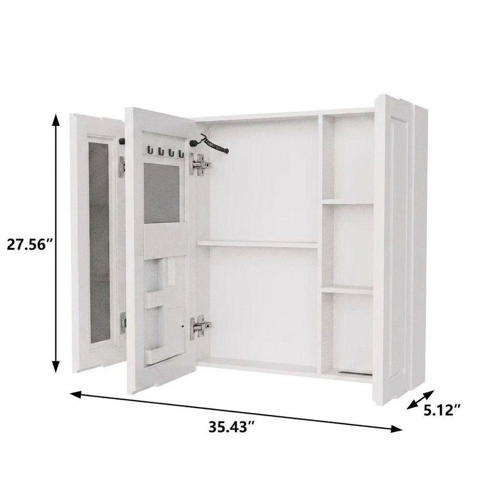 5" White Glass Wall Mounted No Textural Detailing Three Door Medicine Cabinet
