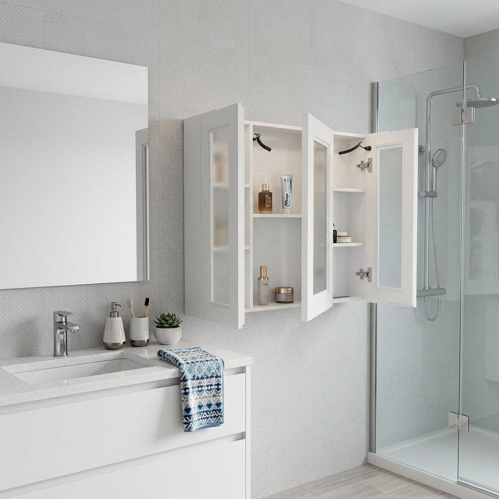 5" White Glass Wall Mounted No Textural Detailing Three Door Medicine Cabinet