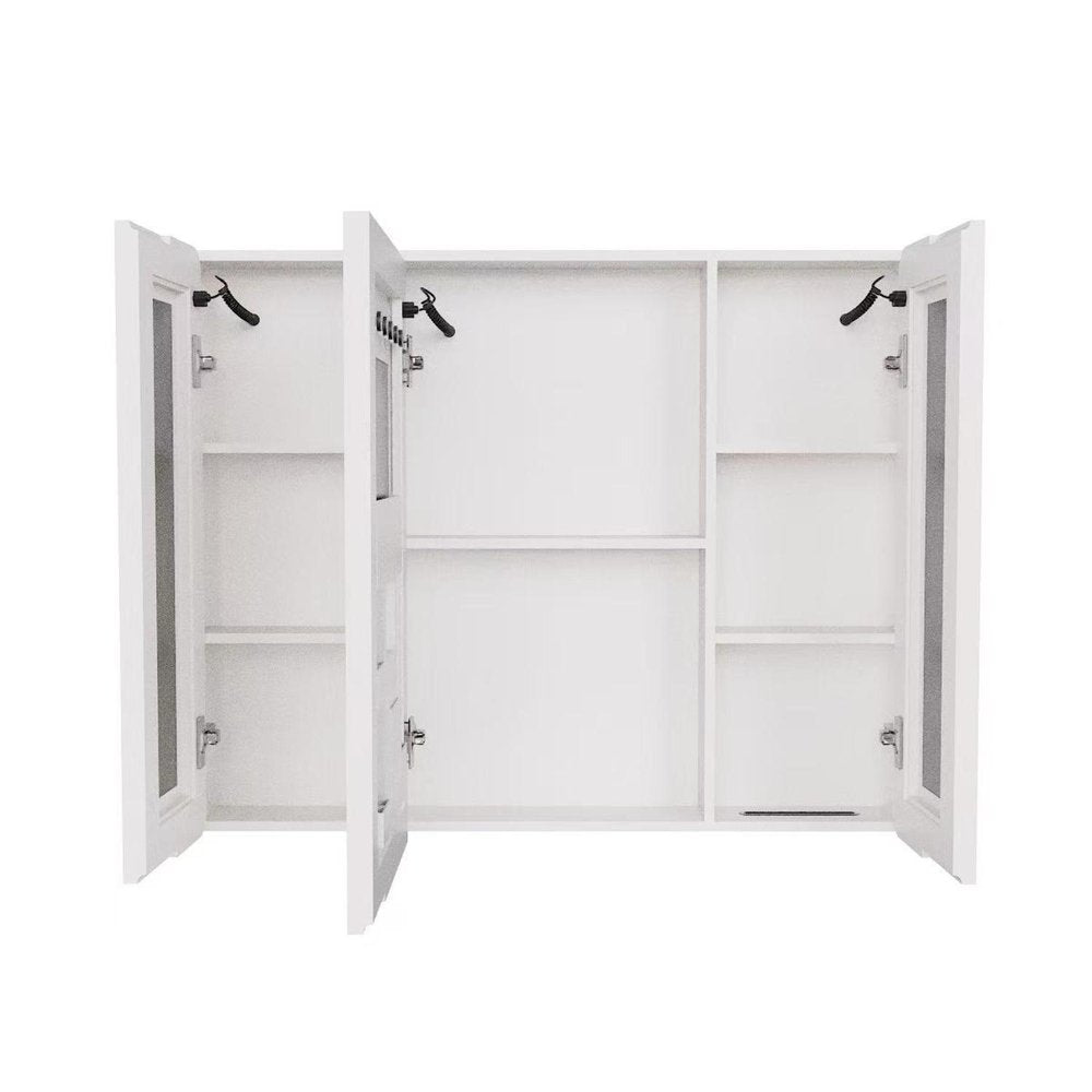 5" White Glass Wall Mounted No Textural Detailing Three Door Medicine Cabinet