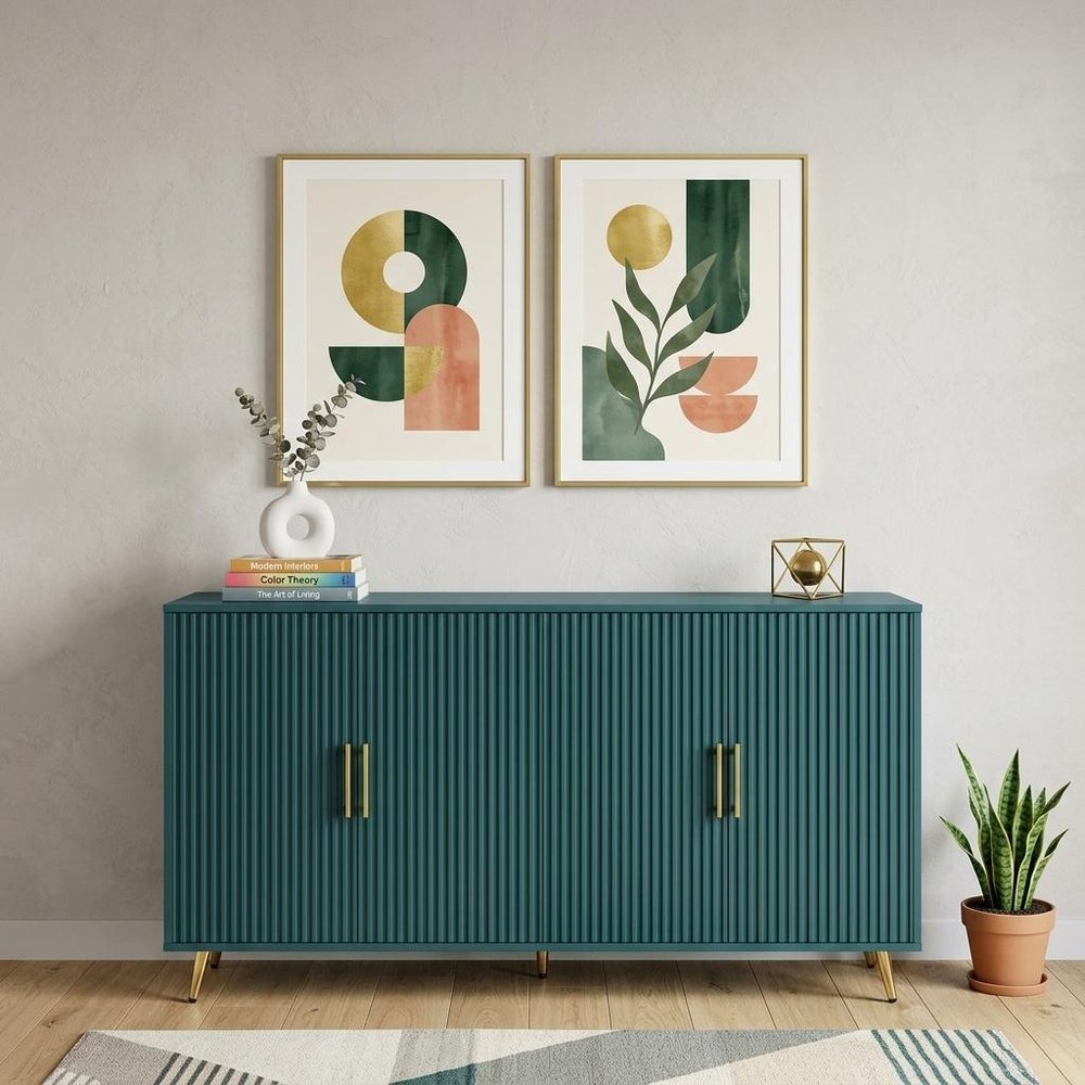 60" Teal Blue Wood Ribbed Texture Sideboard With Two Doors