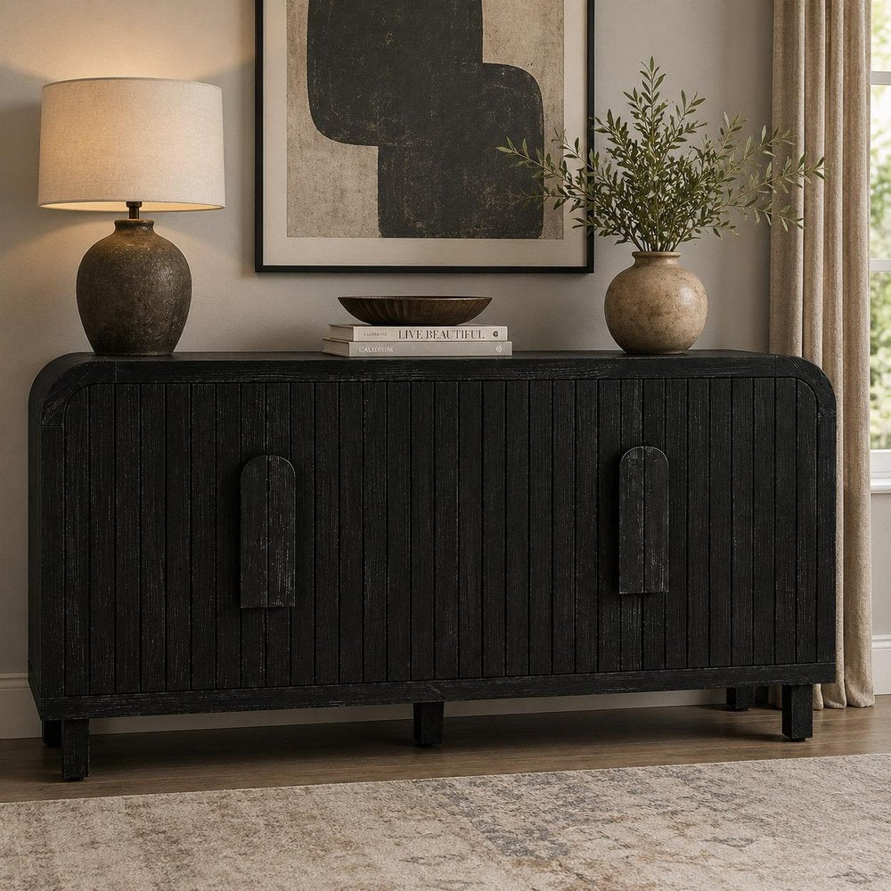 59" Black Distressed Wood Paneled Sideboard With Four Doors