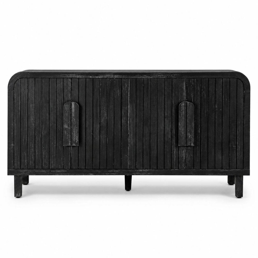 59" Black Distressed Wood Paneled Sideboard With Four Doors