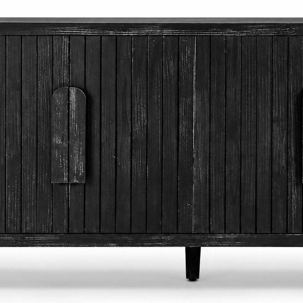 59" Black Distressed Wood Paneled Sideboard With Four Doors