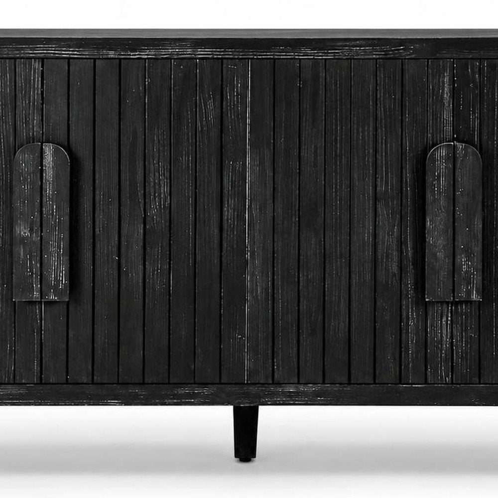 59" Black Distressed Wood Paneled Sideboard With Four Doors