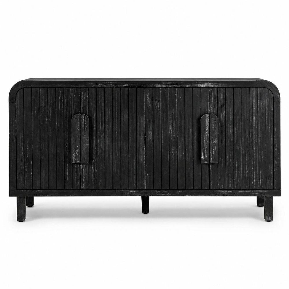 59" Black Distressed Wood Paneled Sideboard With Four Doors