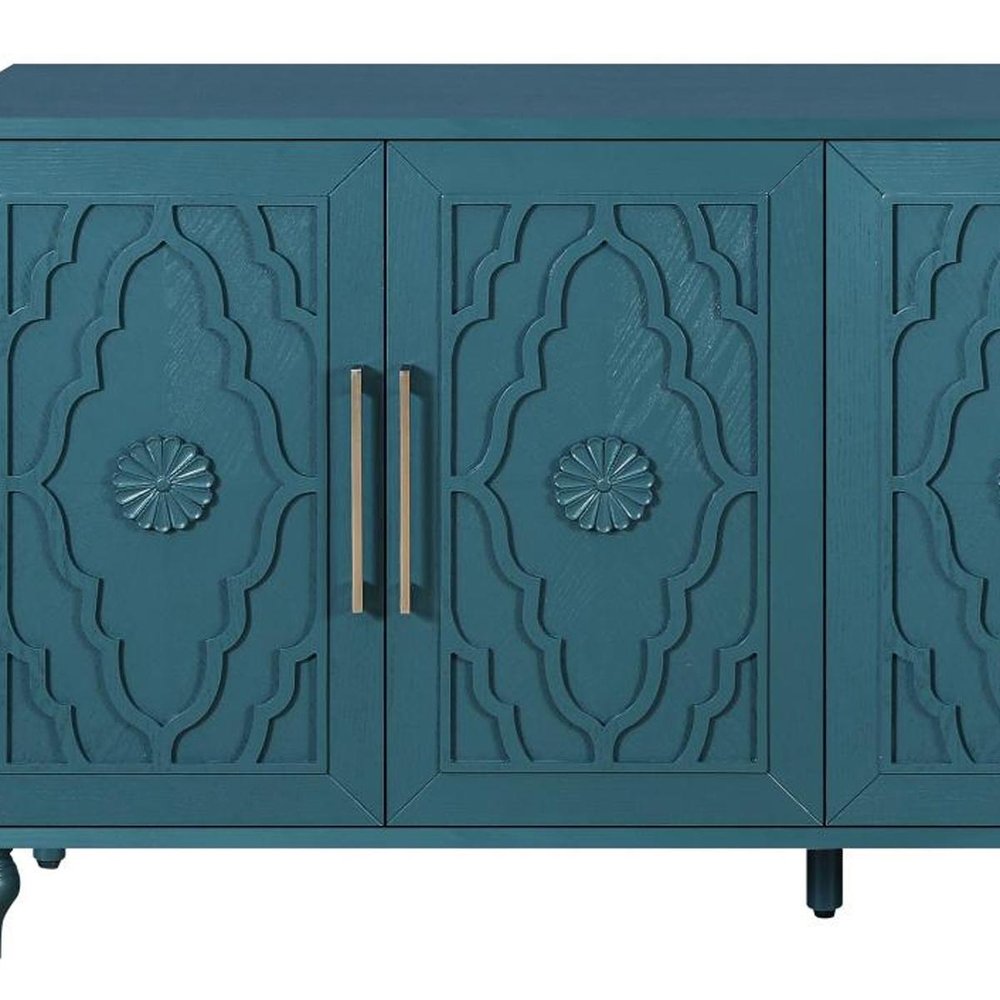 63" Teal Blue Wood Carved Scrollwork Sideboard With Four Doors