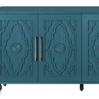 63" Teal Blue Wood Carved Scrollwork Sideboard With Four Doors