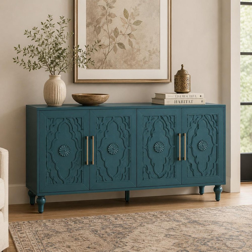 63" Teal Blue Wood Carved Scrollwork Sideboard With Four Doors