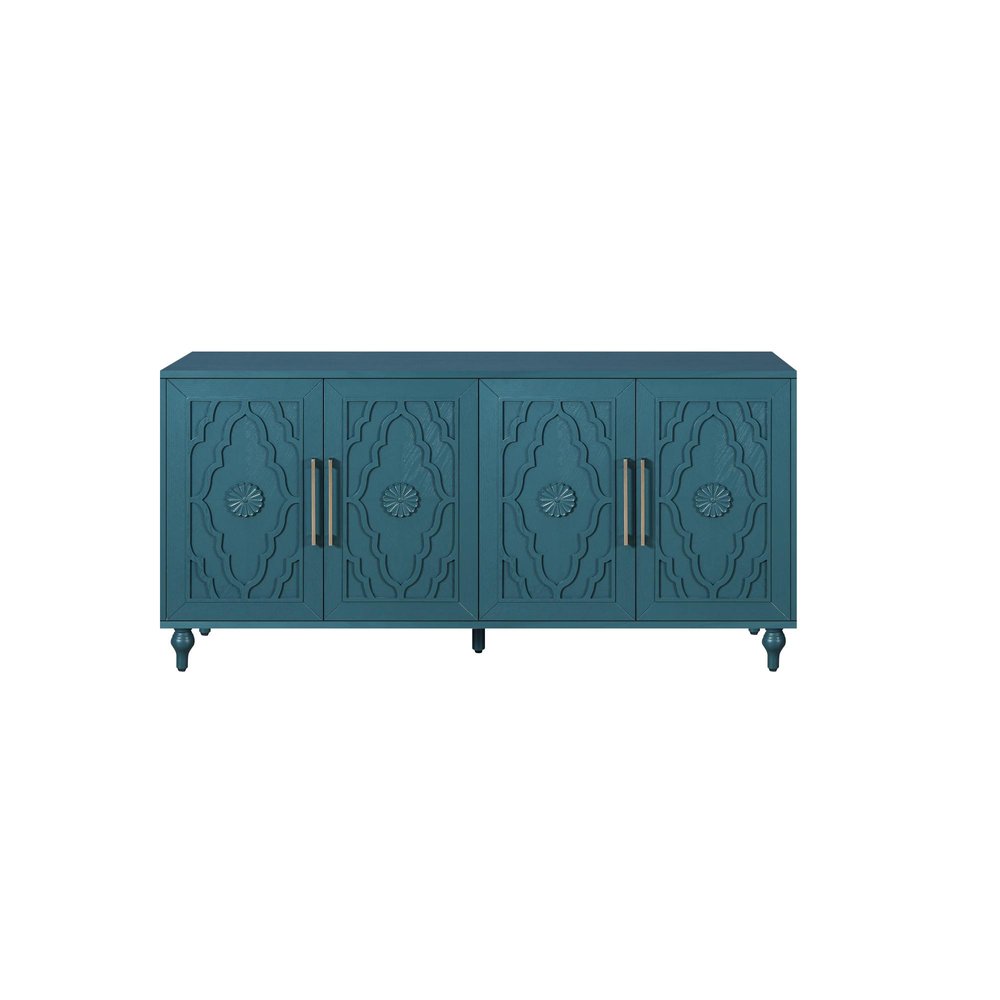 63" Teal Blue Wood Carved Scrollwork Sideboard With Four Doors