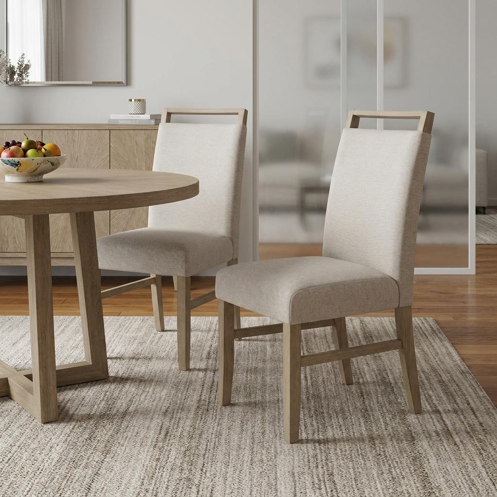 Set of Two Light Gray And Natural Upholstery And Solid Wood Dining Side Chairs