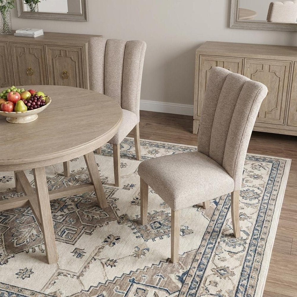 Set of Two Beige Upholstery And Solid Wood Dining Side Chairs