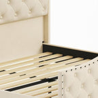 Beige Tufted Velvet Upholstered Queen Bed Frame With Lights USB And Shelves