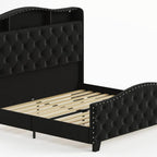 Black Tufted Velvet Upholstered Queen Bed Frame With Lights USB And Shelves