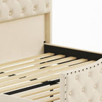 Beige Tufted Velvet Upholstered Queen Bed Frame With Lights USB And Shelves