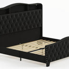 Black Tufted Velvet Upholstered Queen Bed Frame With Lights USB And Shelves