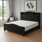 Black Tufted Velvet Upholstered Queen Bed Frame With Lights USB And Shelves