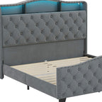 Gray Tufted Velvet Upholstered Queen Bed Frame With Lights USB And Shelves