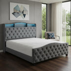 Gray Tufted Velvet Upholstered Queen Bed Frame With Lights USB And Shelves