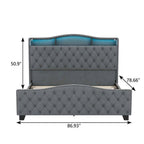 Gray Tufted Velvet Upholstered Queen Bed Frame With Lights USB And Shelves