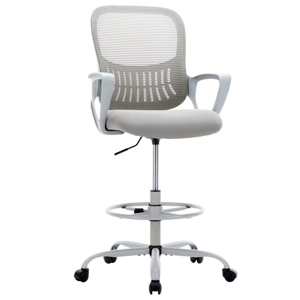 Gray And White Swivel Rolling Drafting Chair With Footrest