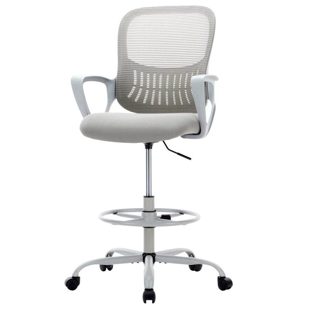 Gray And White Swivel Rolling Drafting Chair With Footrest