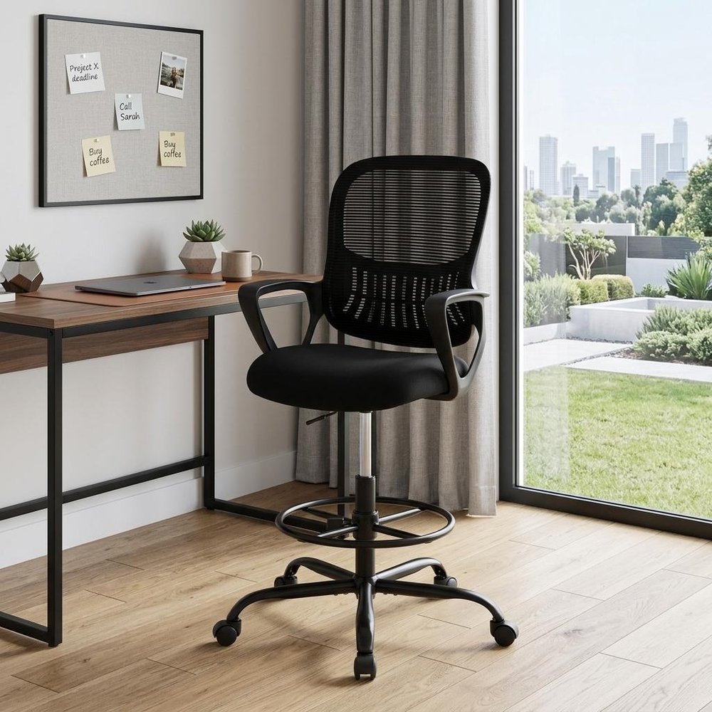 Black Swivel Rolling Office Chair With Footrest