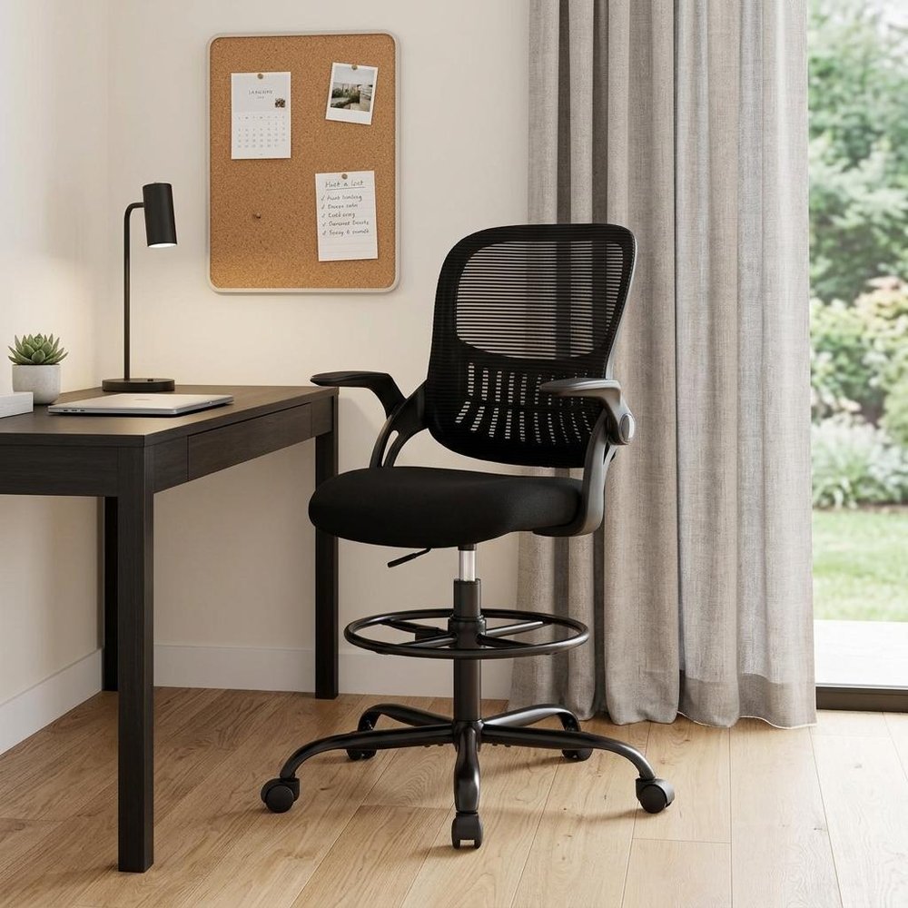 Black Swivel Rolling Office Chair With Footrest