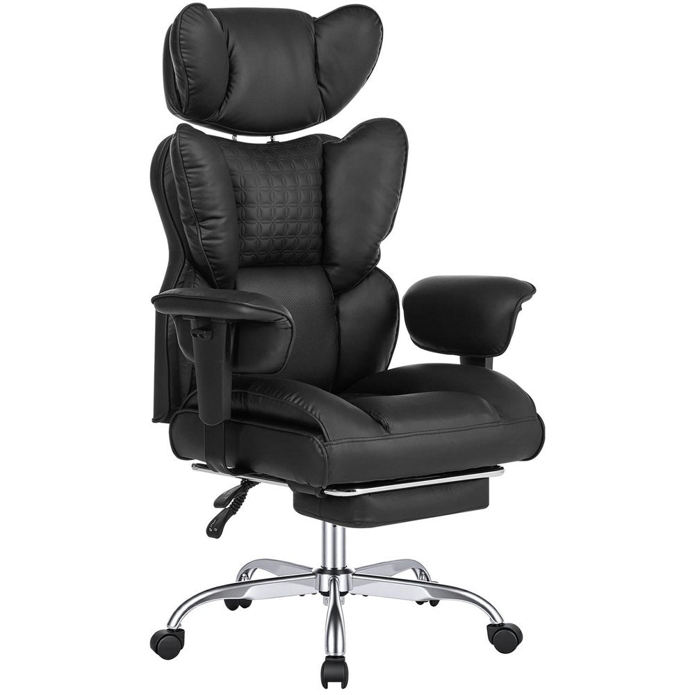 Black Faux Leather Swivel Rolling Gaming Chair With Footrest