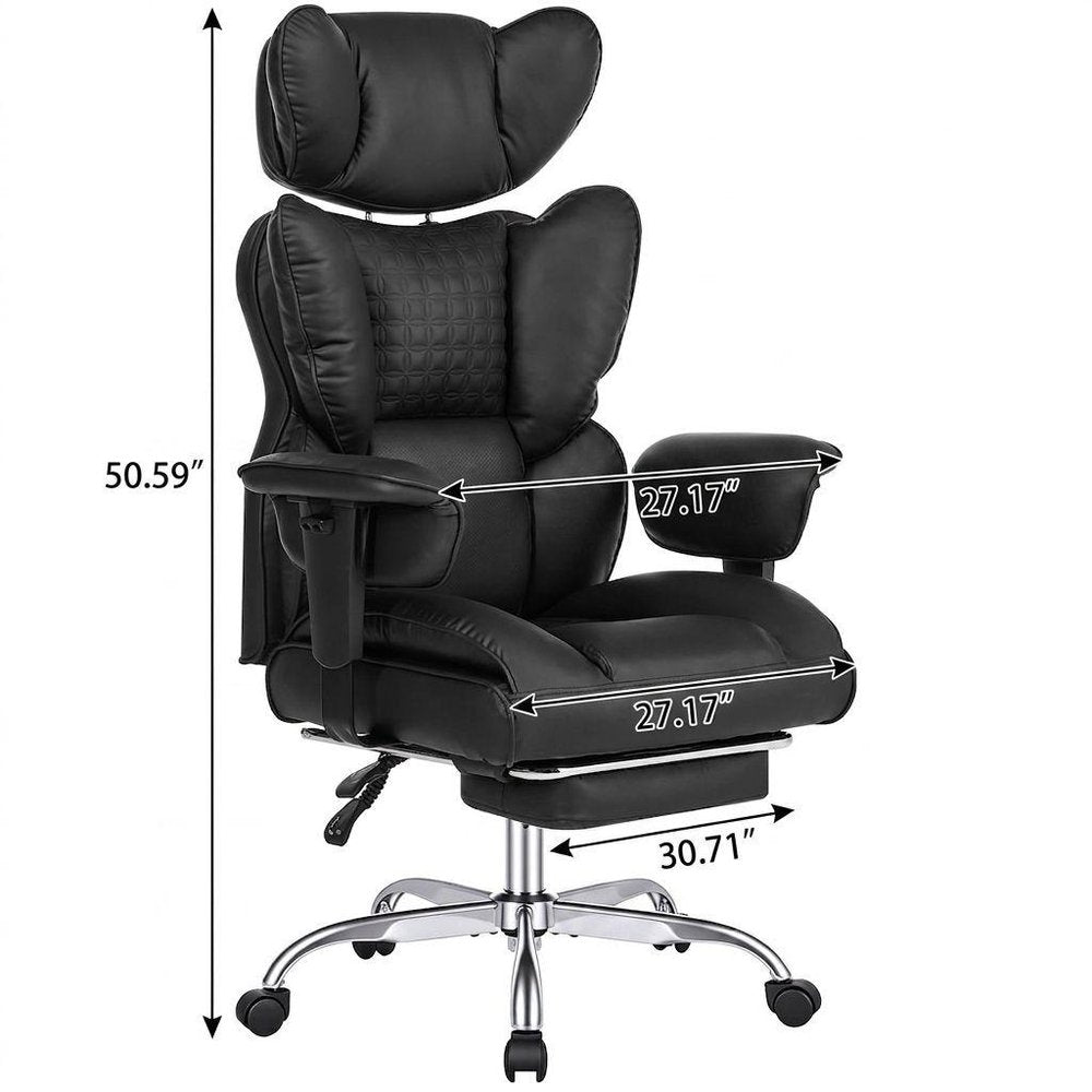 Black Faux Leather Swivel Rolling Gaming Chair With Footrest