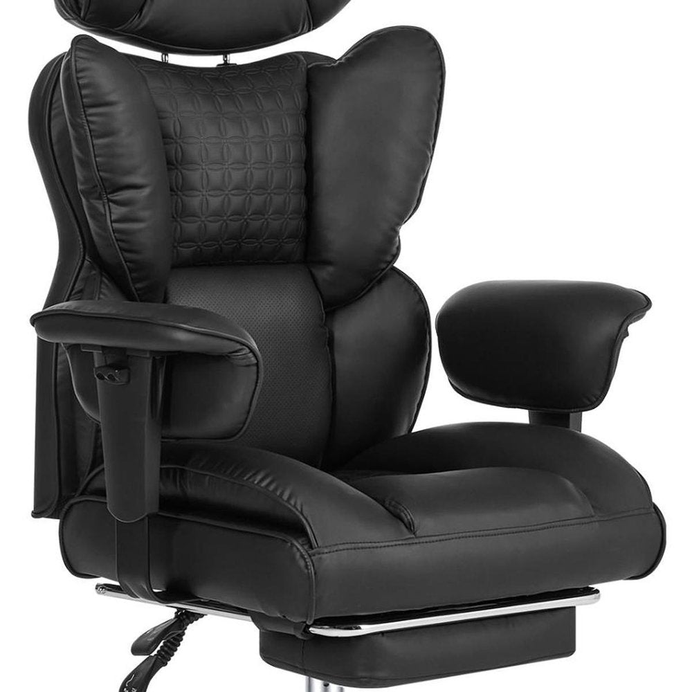 Black Faux Leather Swivel Rolling Gaming Chair With Footrest