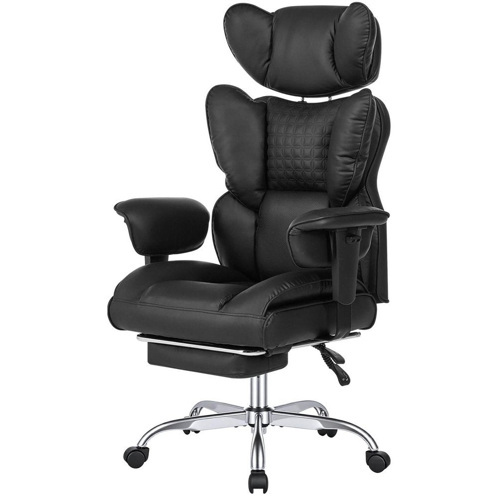Black Faux Leather Swivel Rolling Gaming Chair With Footrest