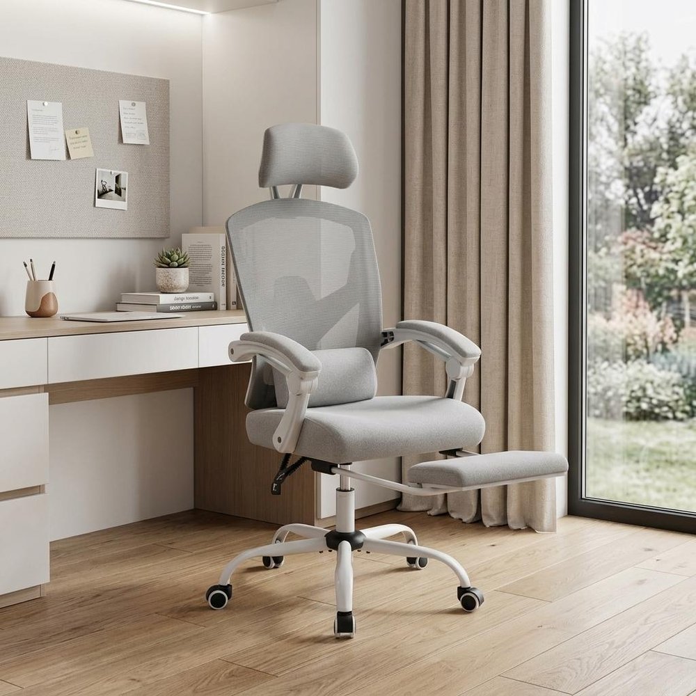 Gray Swivel Rolling Office Chair With Footrest