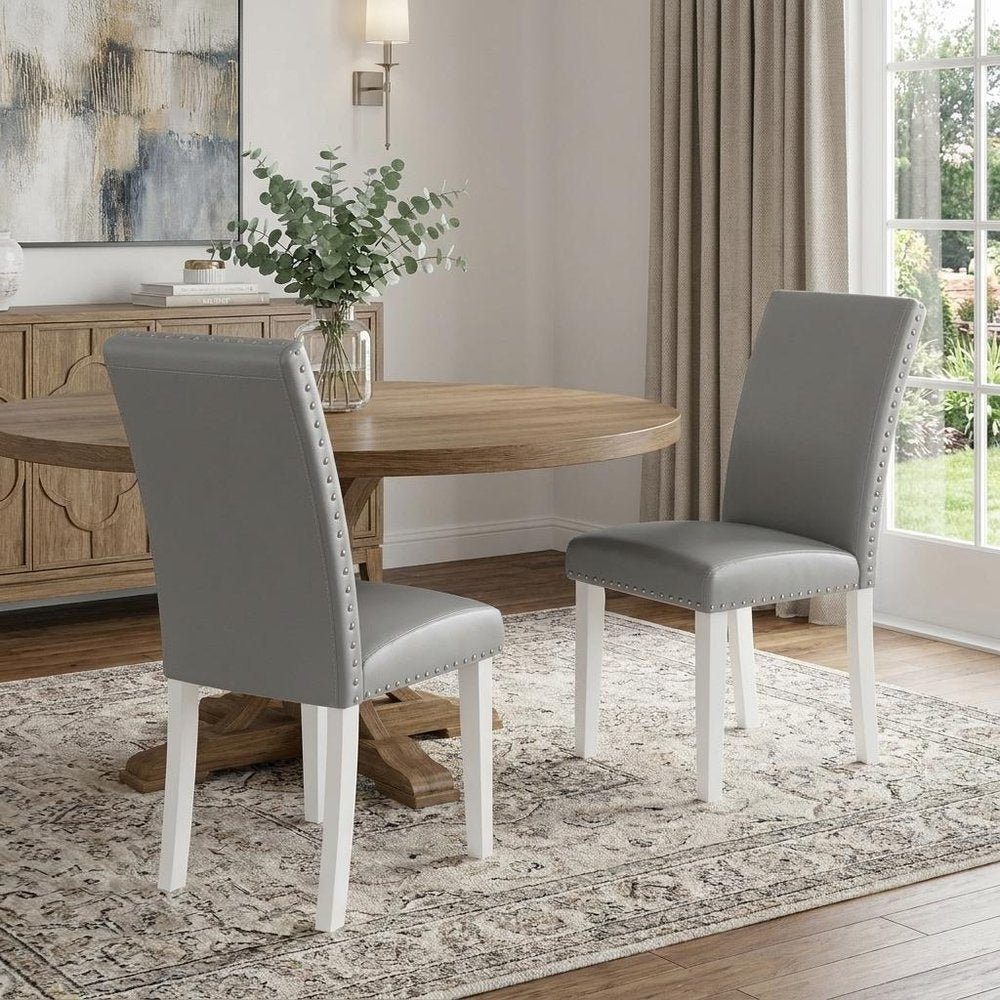 Set of Two Light Gray And White Fabric And Faux Leather And Wood Dining Side Chairs