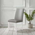 Set of Two Light Gray And White Fabric And Faux Leather And Wood Dining Side Chairs