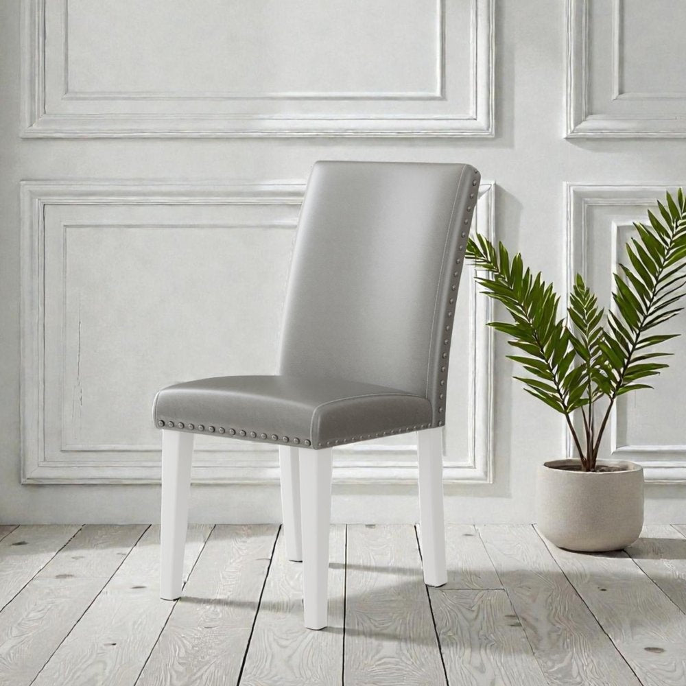 Set of Two Light Gray And White Fabric And Faux Leather And Wood Dining Side Chairs