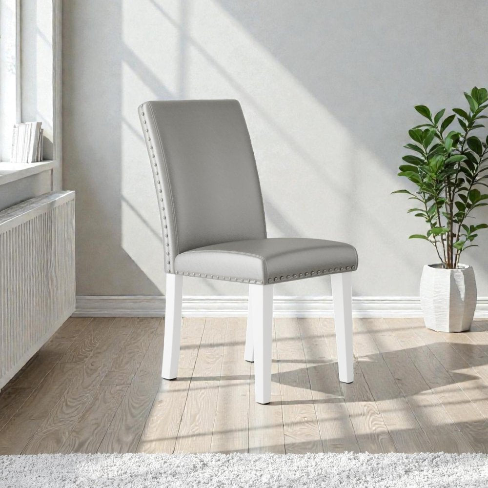 Set of Two Light Gray And White Fabric And Faux Leather And Wood Dining Side Chairs
