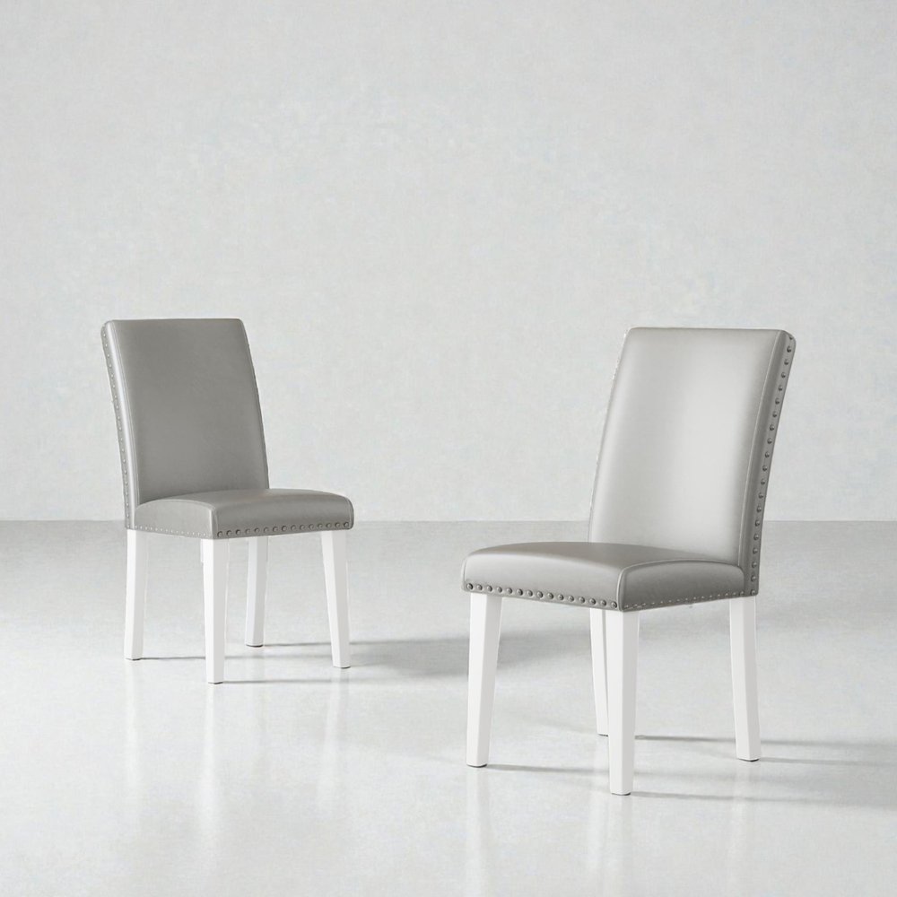 Set of Two Light Gray And White Fabric And Faux Leather And Wood Dining Side Chairs