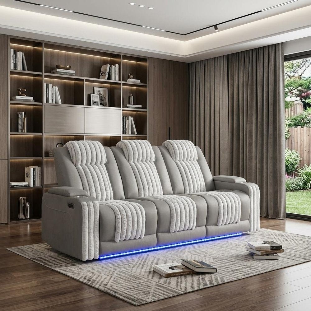 83" Gray Corduroy Reclining Wireless Charger Sofa
