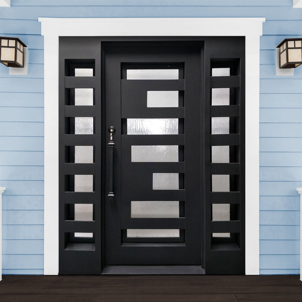Aleko Doors Iron Square Top Geometric-Embossed Single Door