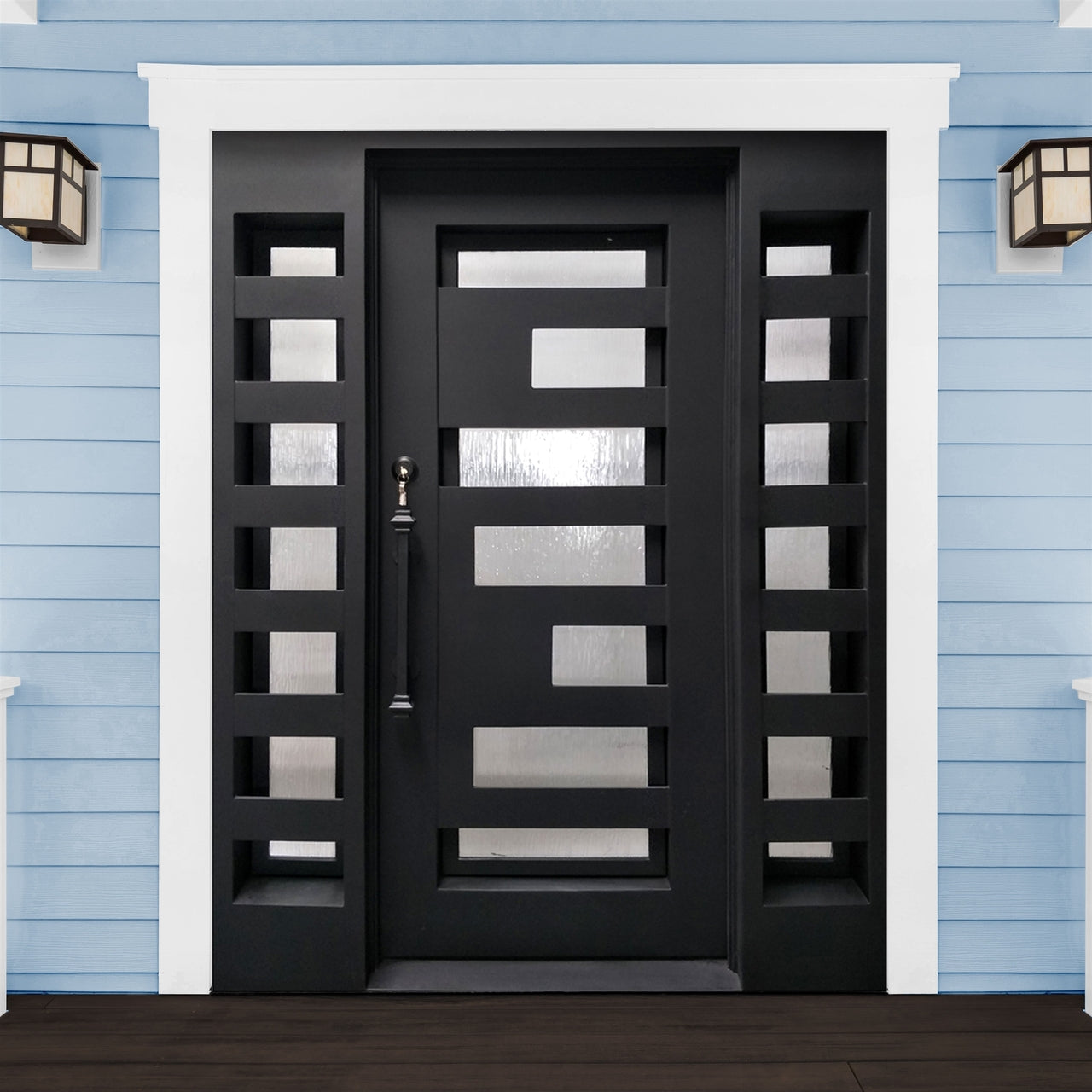 Aleko Doors Iron Square Top Geometric-Embossed Single Door