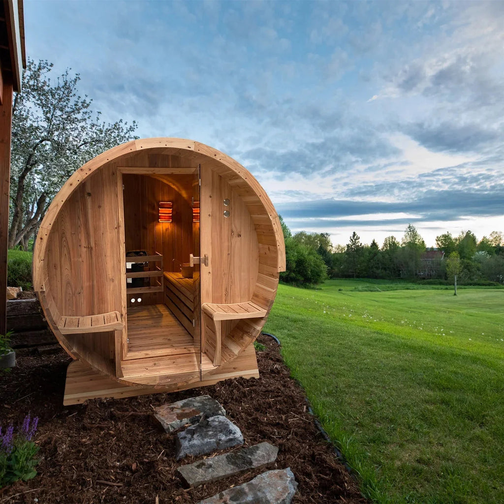 Aleko Outdoor Rustic Cedar Barrel Steam Sauna - Front Porch