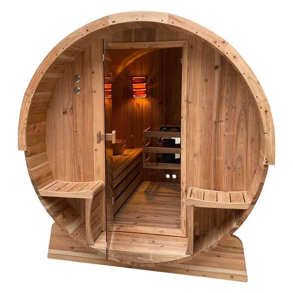 Aleko Outdoor Rustic Cedar Barrel Steam Sauna - Front Porch