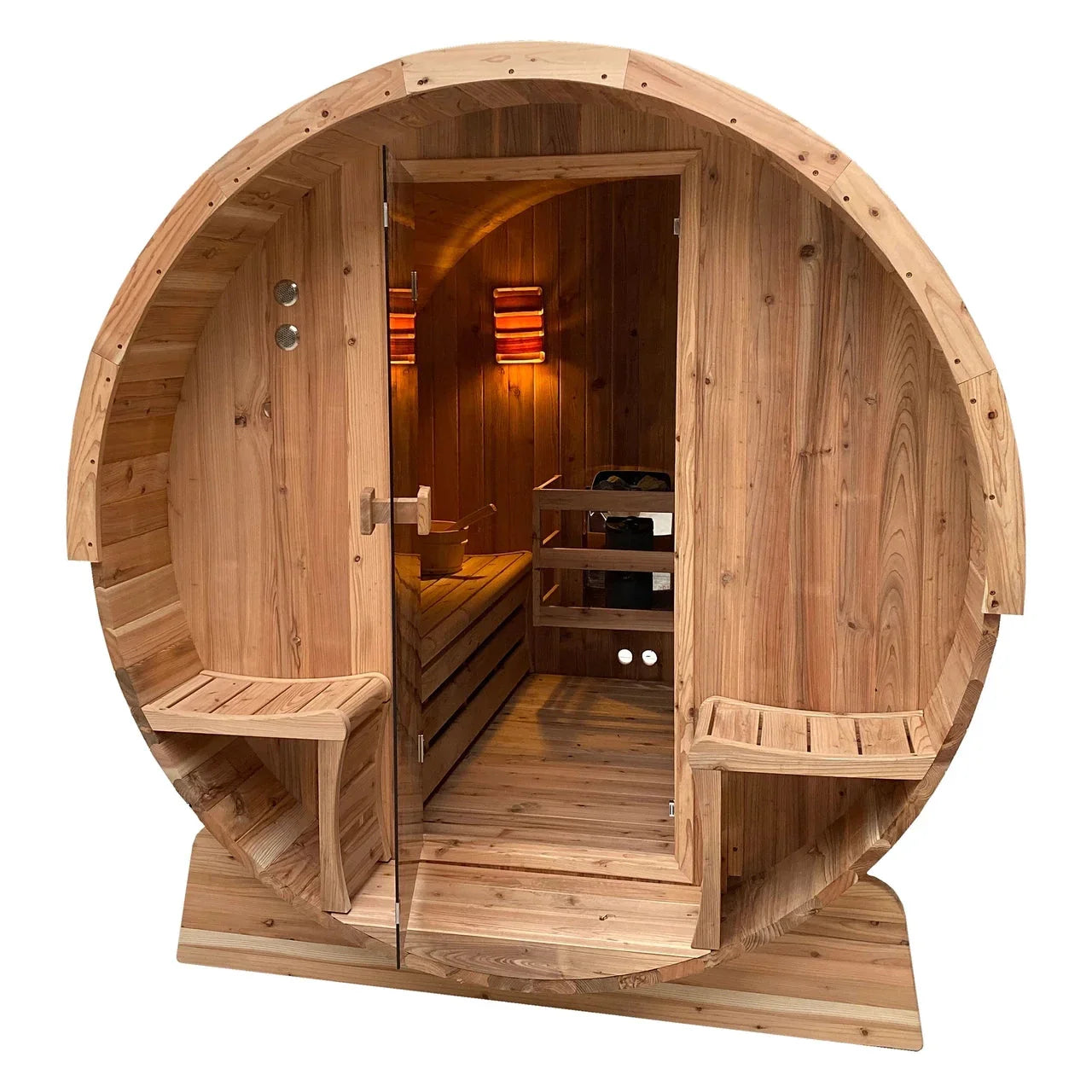 Aleko Outdoor Rustic Cedar Barrel Steam Sauna - Front Porch