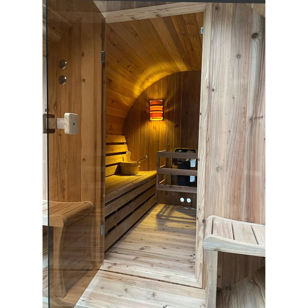 Aleko Outdoor Rustic Cedar Barrel Steam Sauna - Front Porch