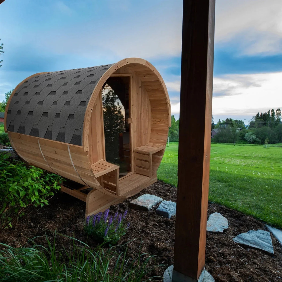 Aleko Outdoor Rustic Cedar Barrel Steam Sauna - Front Porch