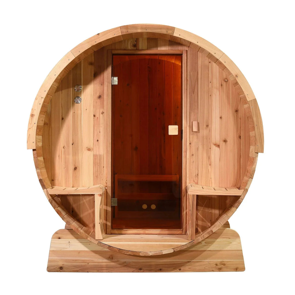 Aleko Outdoor Rustic Cedar Barrel Steam Sauna - Front Porch