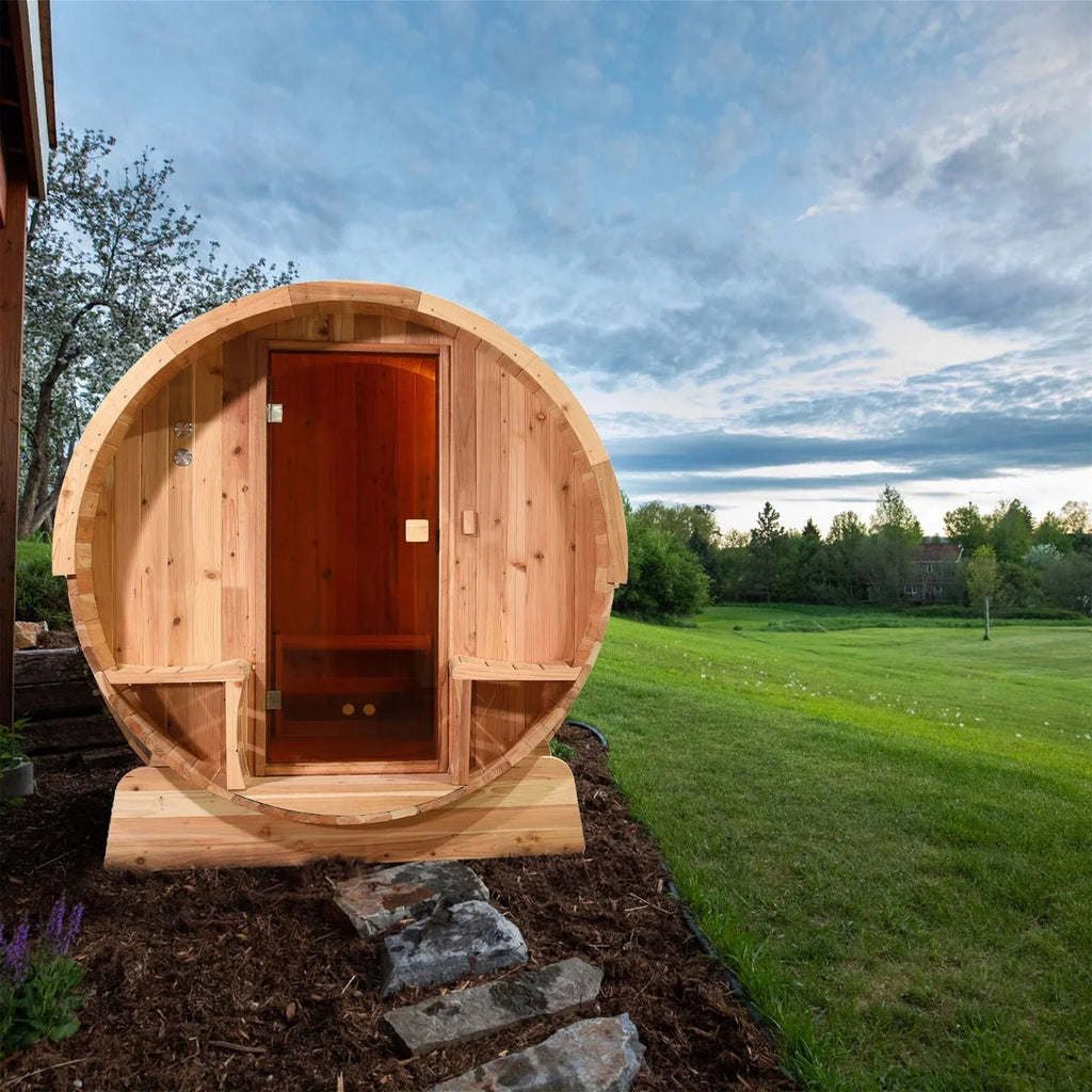 Aleko Outdoor Rustic Cedar Barrel Steam Sauna - Front Porch
