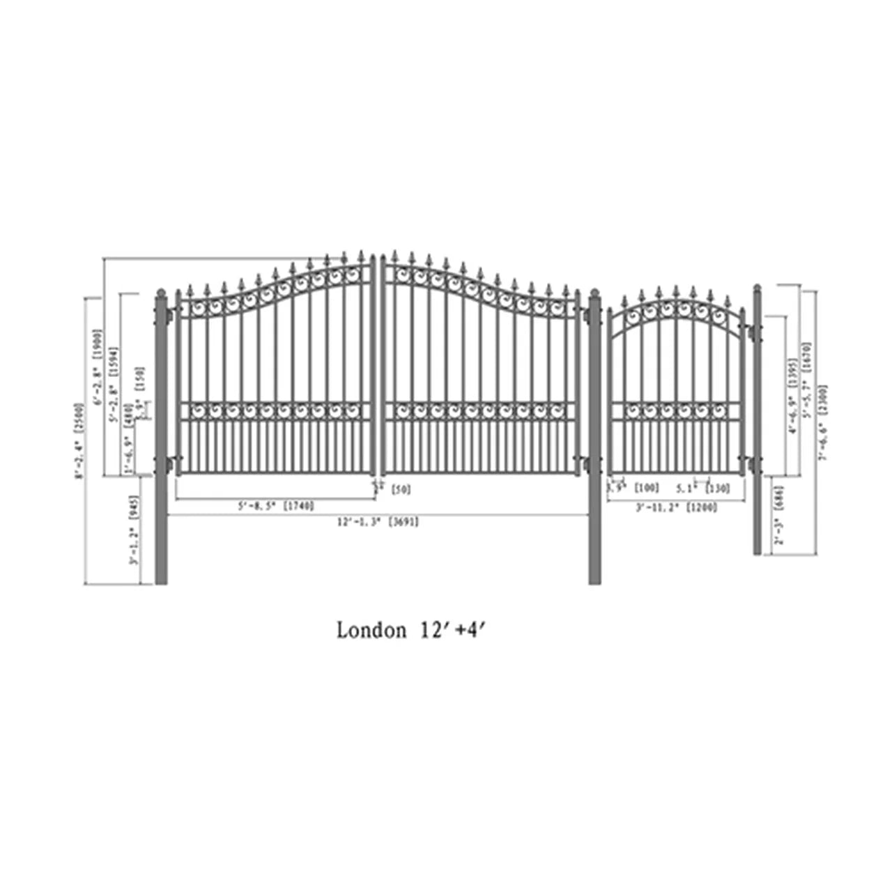 Aleko Steel Dual Swing Driveway Gate - LONDON Style - 12 ft
